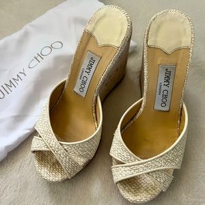 Jimmy Choo Woven Fabric Cork Wedge Platform Sandals Size 36.5
